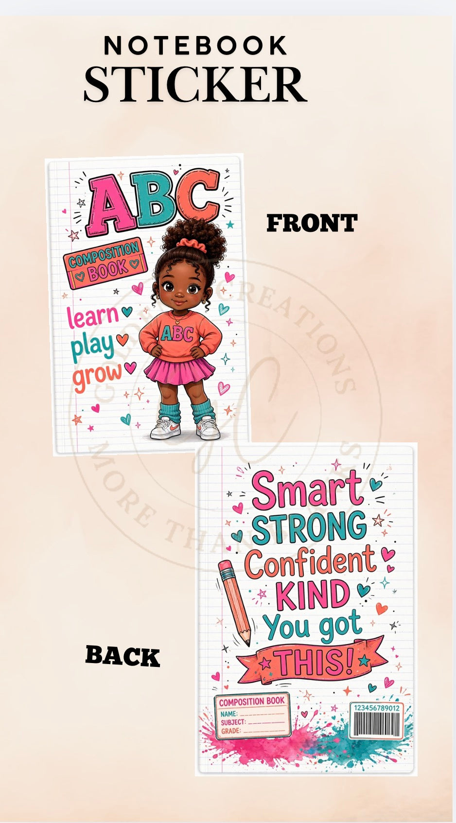 ABC Composition Book Wrap Sticker – Front & Back | Printable School Notebook Cover | Cute Girl School Sticker